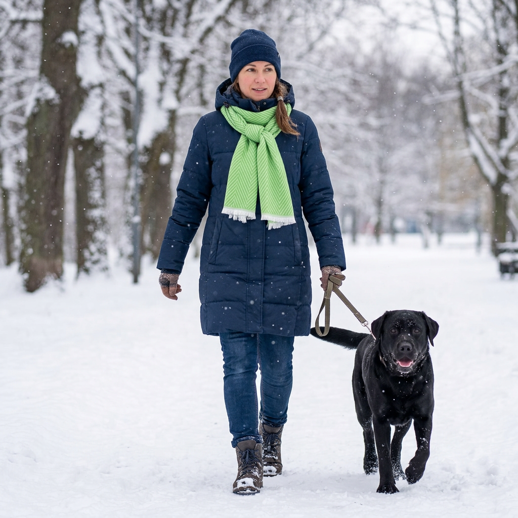 A woman walking a dog and wearing the Neon Green Herringbone Scarf from IJF