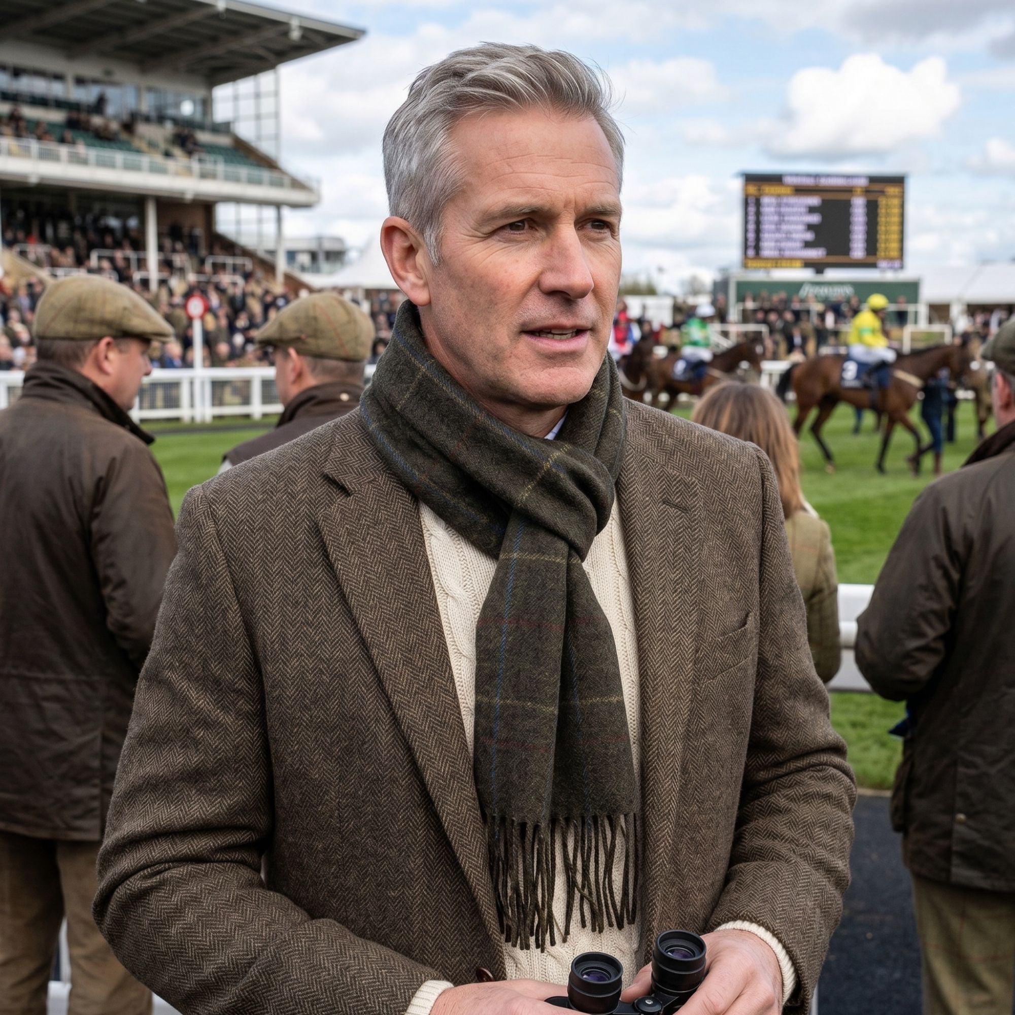 A man at the horse racing wearing the green check wool scarf