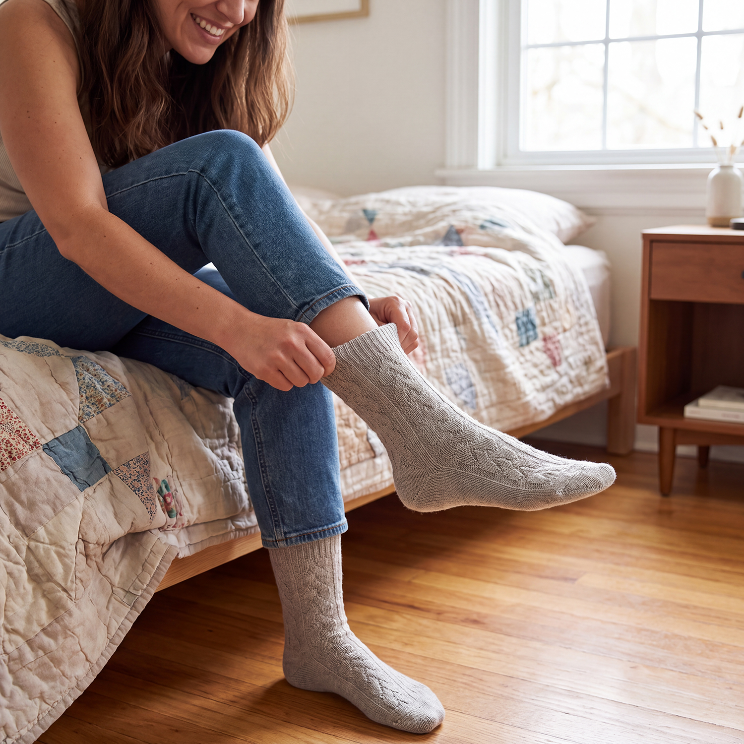 A woman tries on the cashmere blend socks
