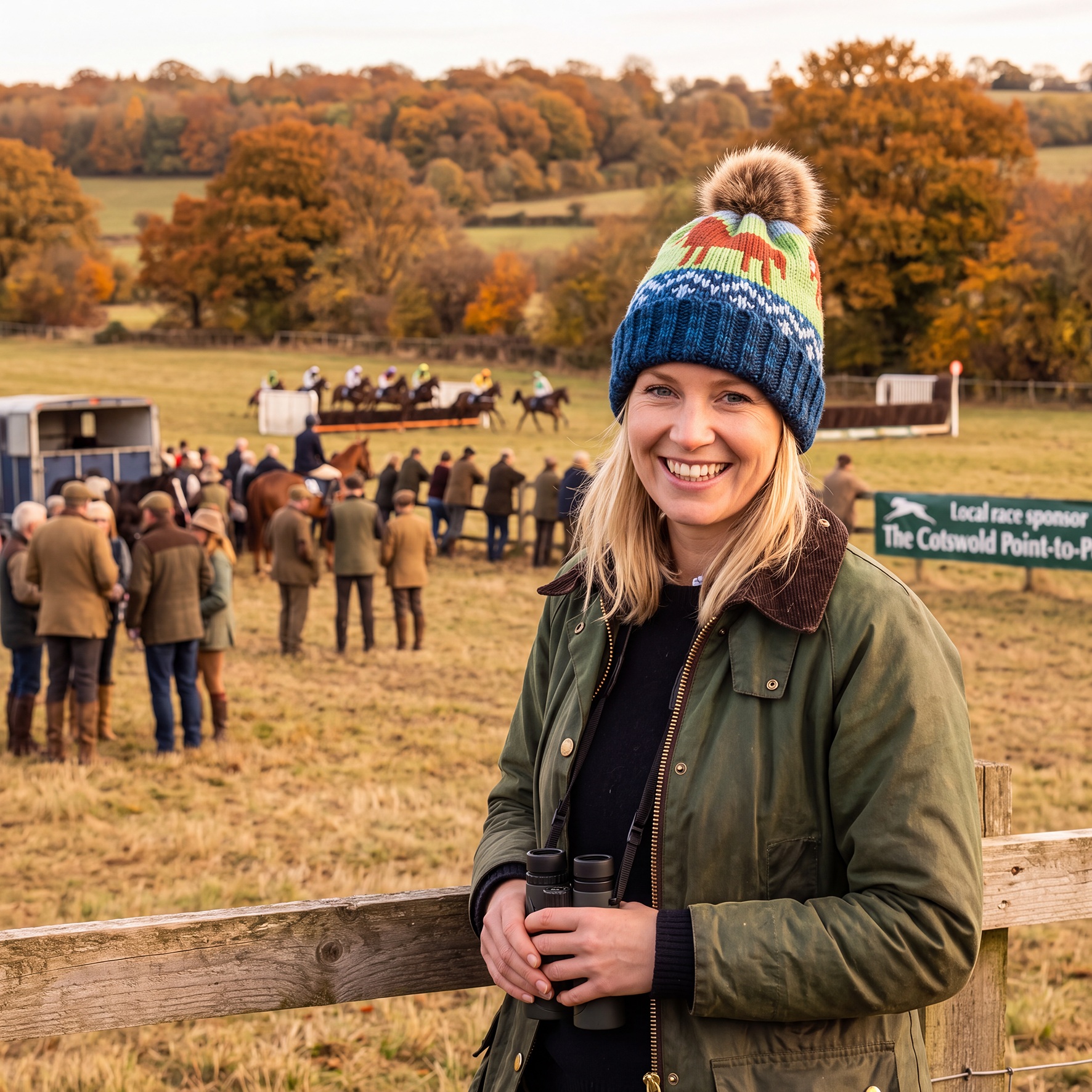 A woman wearing a horse-themed hat