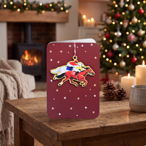 Red Christmas card with racing horses