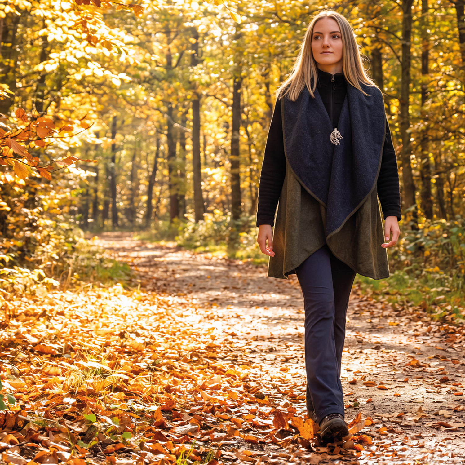 A woman on a walk wearing the IJF reversible wool jacket